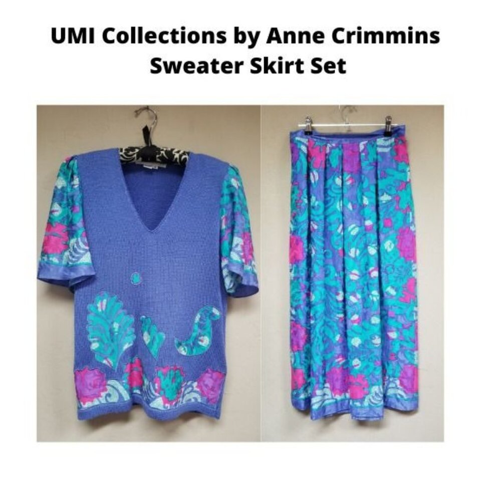 Vintage Anne Crimmins for UMI Collections Sweater Blue Skirt Set Sz Medium / 10